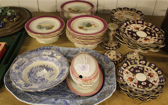 Two blue & white pottery dishes & 2 porcelain dessert services(-)
